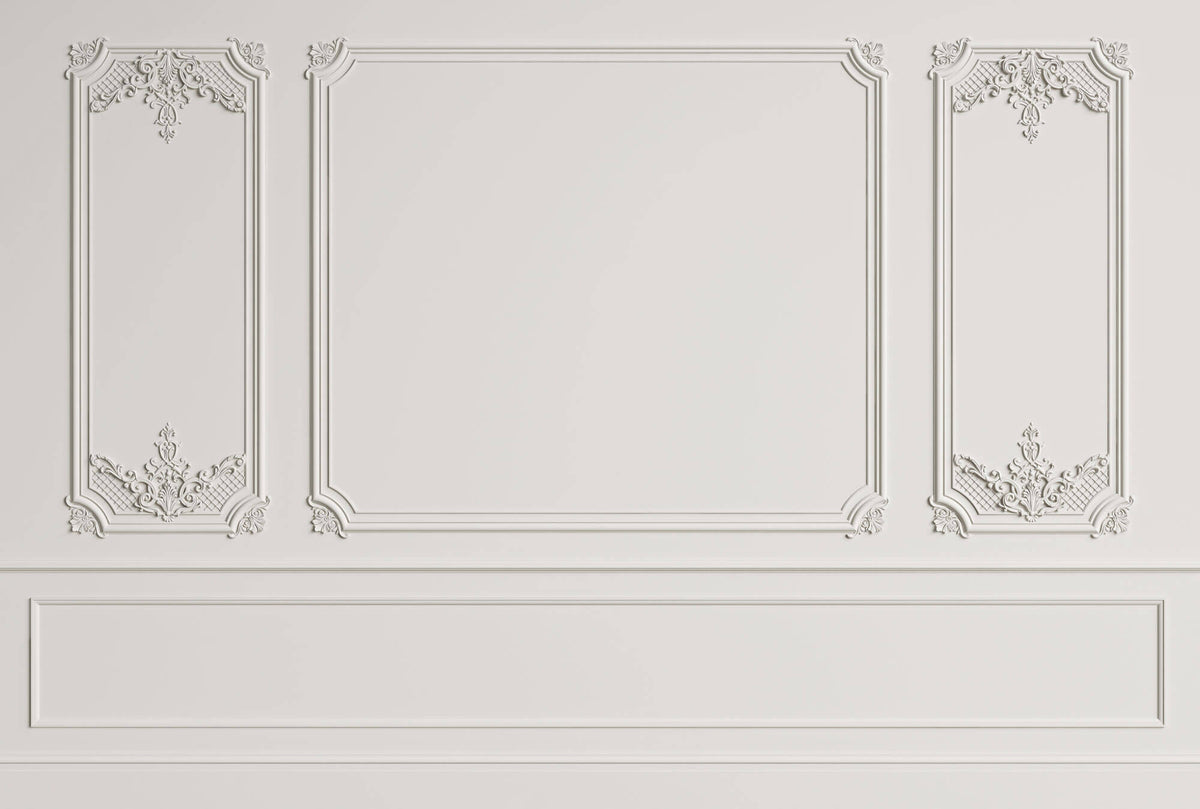 Tapet personalizat Architectural Walls cu panouri si baghete decorative in nuante de alb - WIDE WHITE BOISERIE