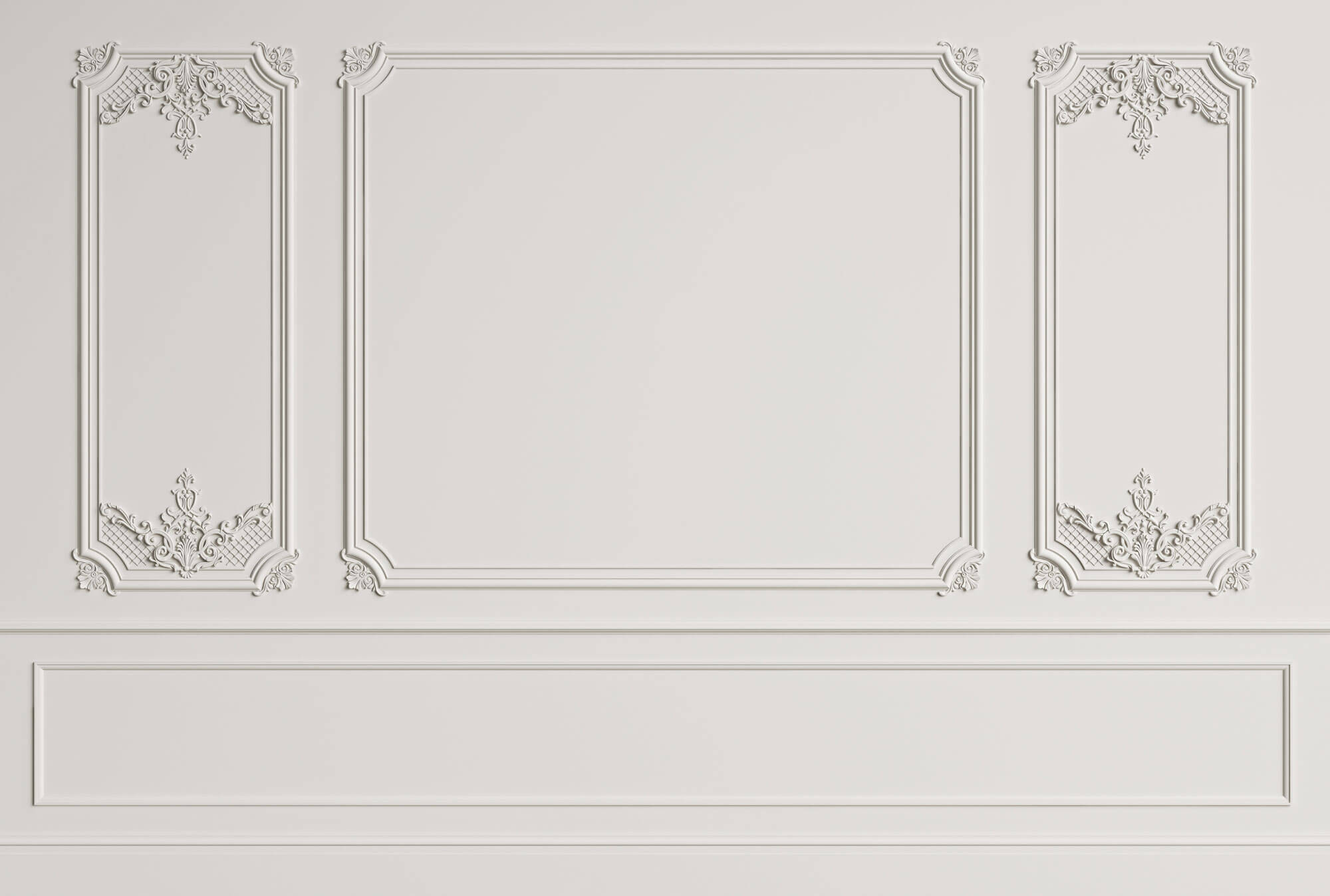 Tapet personalizat Architectural Walls cu panouri si baghete decorative in nuante de alb - WIDE WHITE BOISERIE