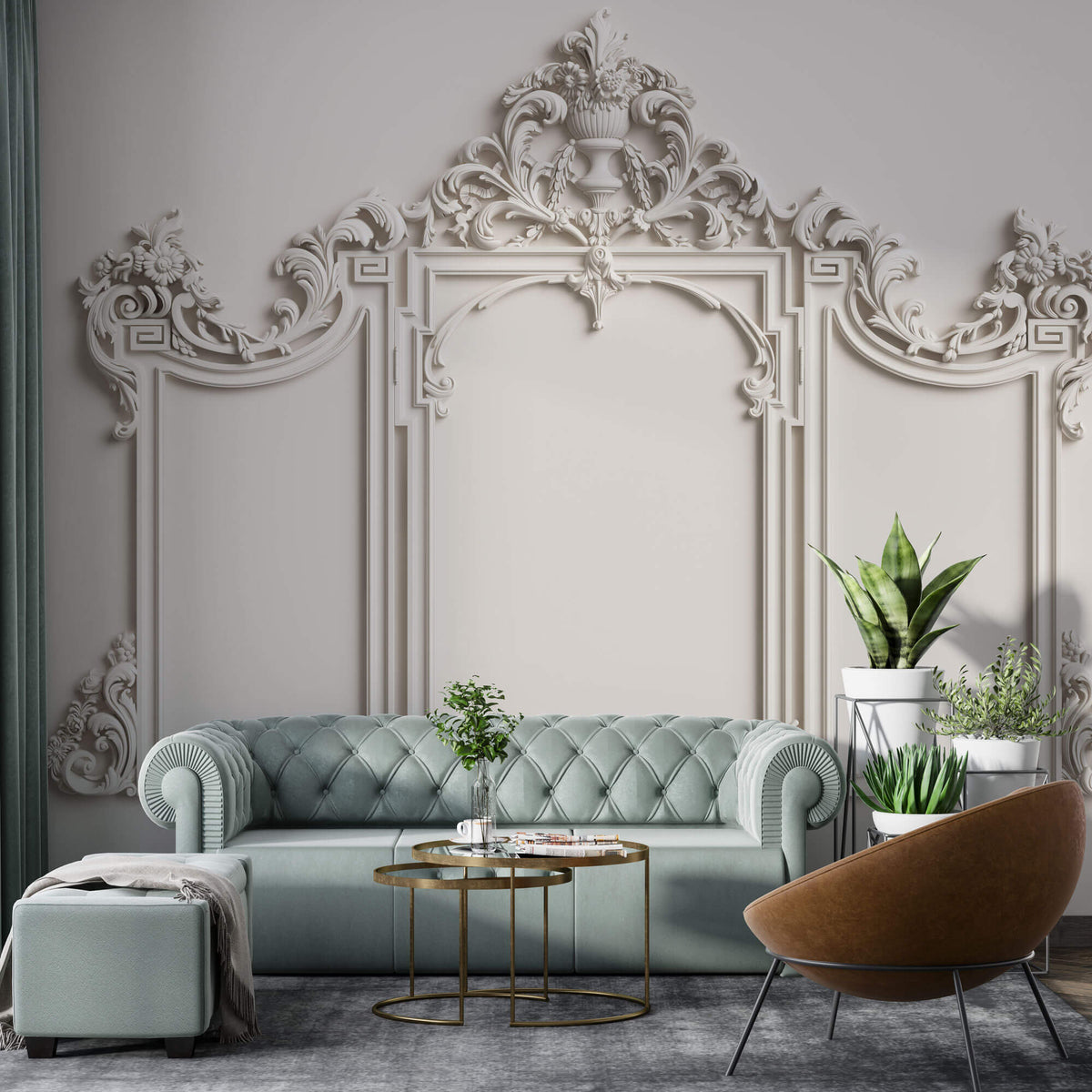 Tapet personalizat Architectural Walls cu rama decorativa din lemn in nuante de alb - MIRROR FRAME