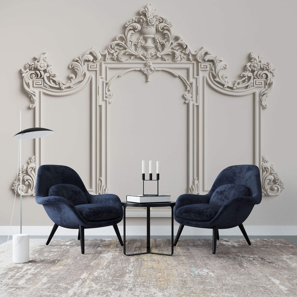 Tapet personalizat Architectural Walls cu rama decorativa din lemn in nuante de alb - MIRROR FRAME