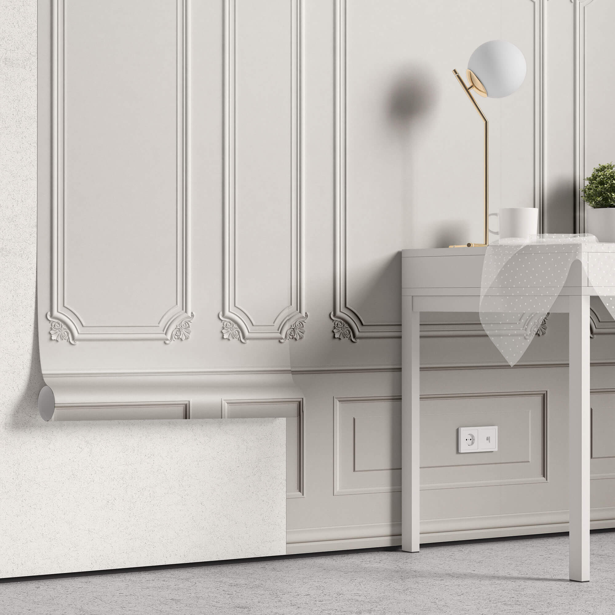 Tapet personalizat Architectural Walls cu panouri decorative din lemn alb - WHITE CORNER DETAILS