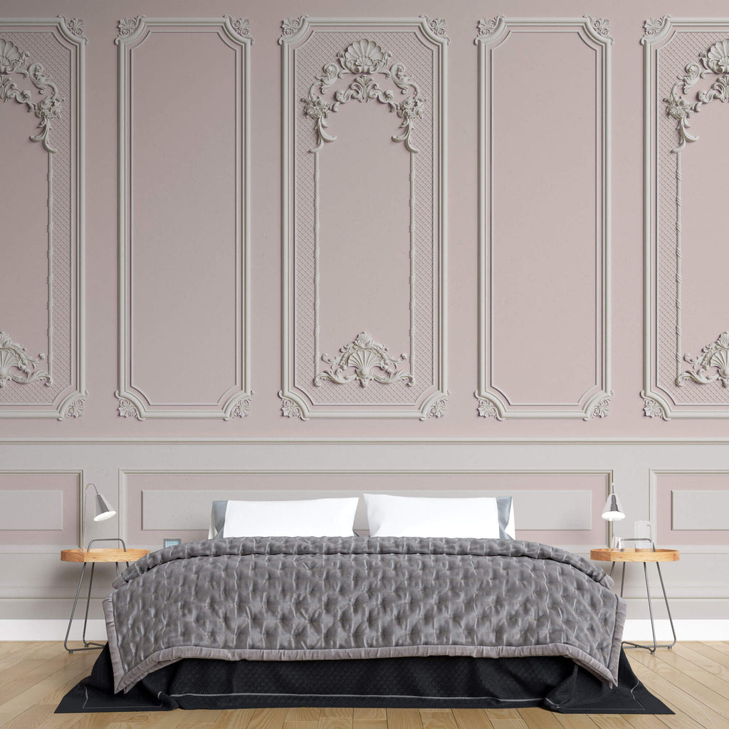 Tapet personalizat Architectural Walls cu rame decorative albe pe un perete roz - LIGHT PINK BOISERIE