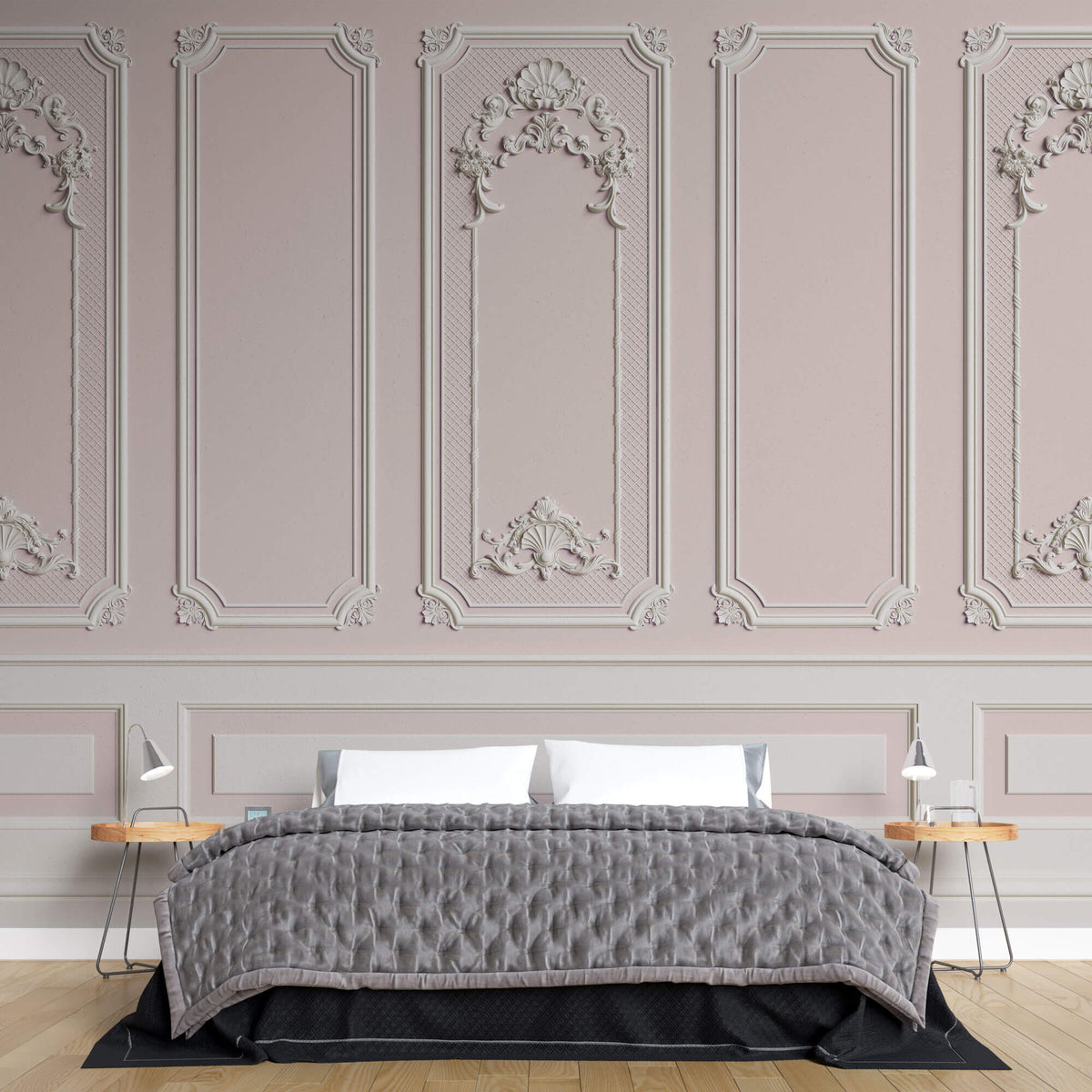 Tapet personalizat Architectural Walls cu rame decorative albe pe un perete roz - LIGHT PINK BOISERIE