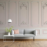 Tapet personalizat Architectural Walls cu rame decorative albe pe un perete roz - LIGHT PINK BOISERIE