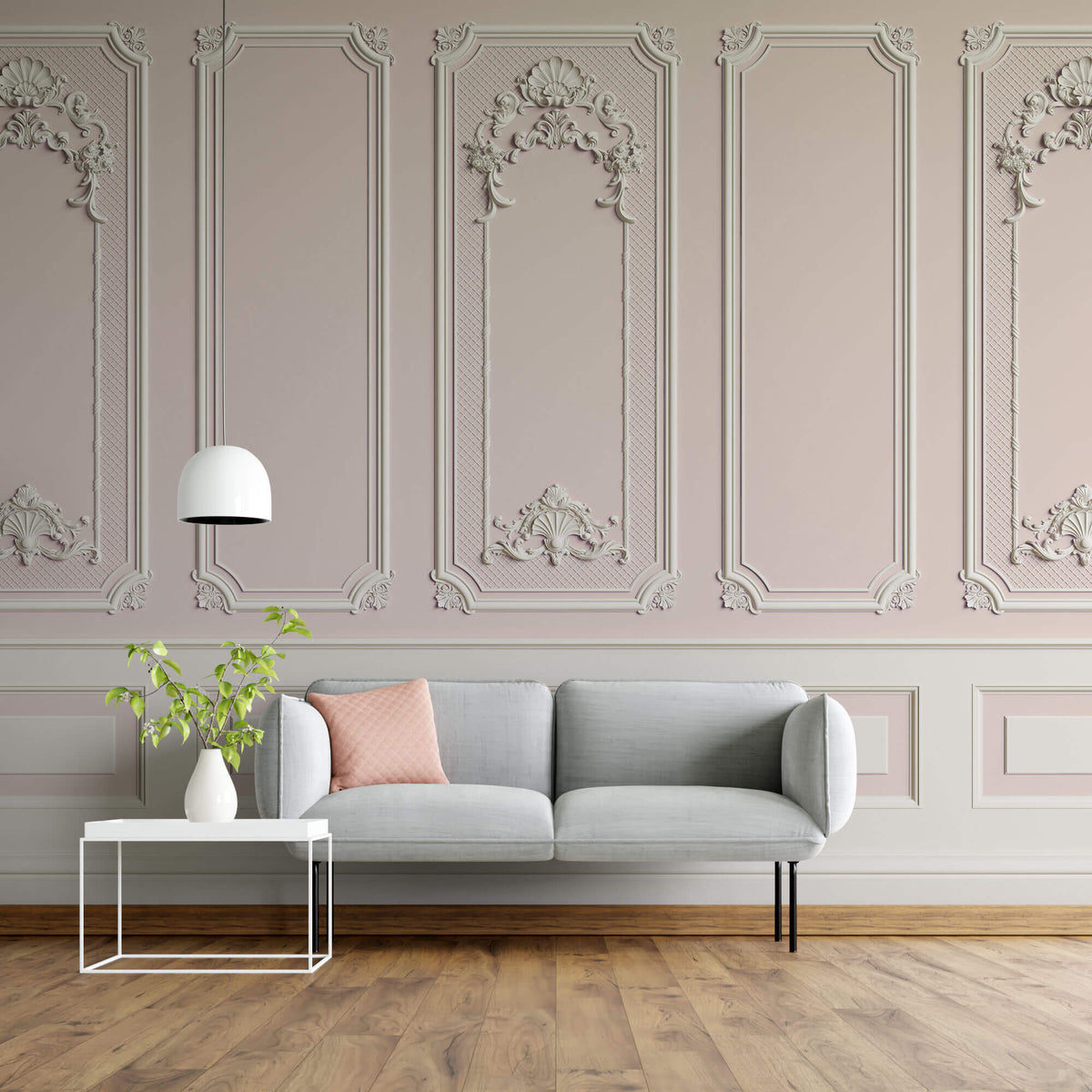 Tapet personalizat Architectural Walls cu rame decorative albe pe un perete roz - LIGHT PINK BOISERIE