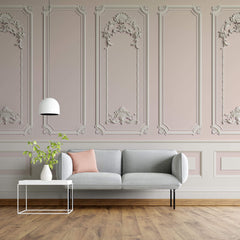 Tapet personalizat Architectural Walls cu rame decorative albe pe un perete roz - LIGHT PINK BOISERIE