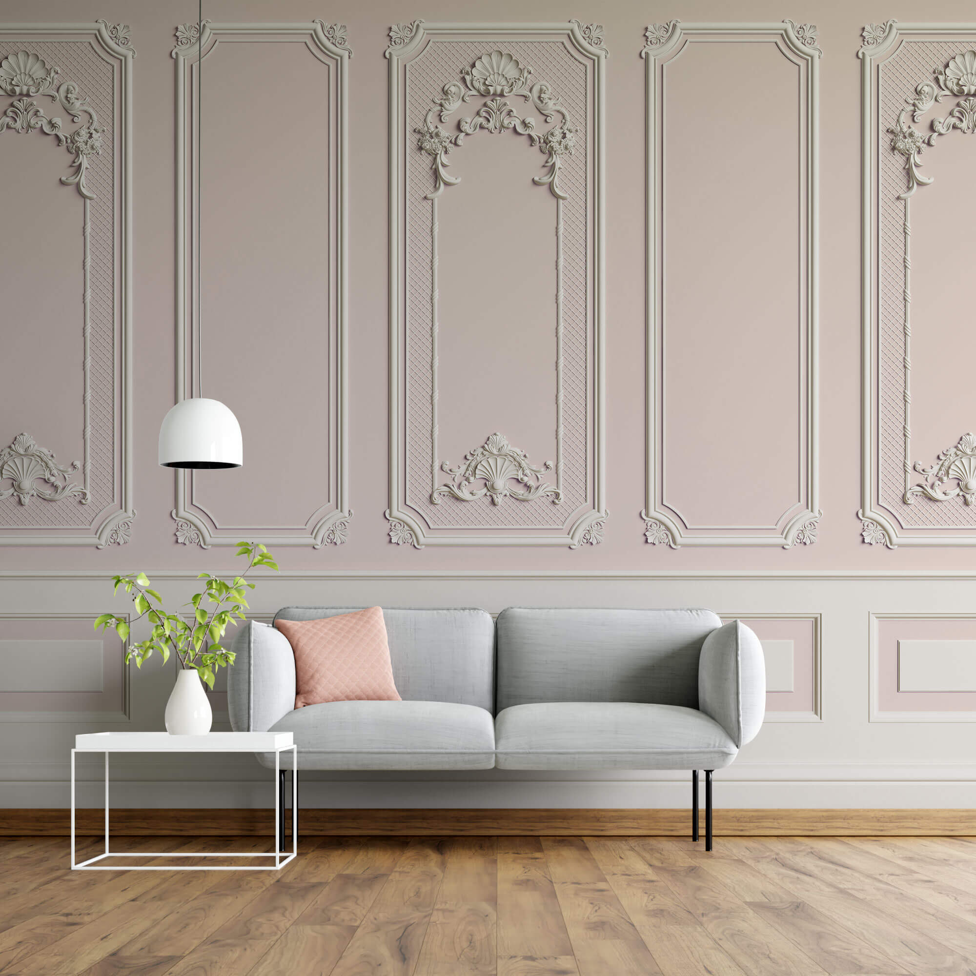 Tapet personalizat Architectural Walls cu rame decorative albe pe un perete roz - LIGHT PINK BOISERIE