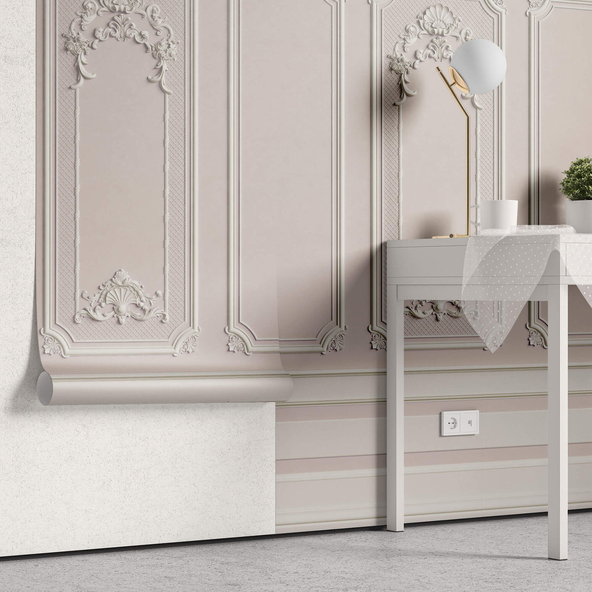 Tapet personalizat Architectural Walls cu rame decorative albe pe un perete roz - LIGHT PINK BOISERIE