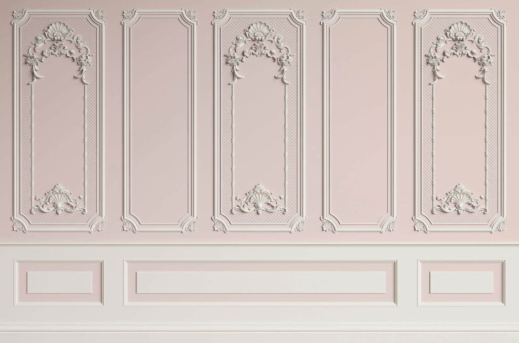 Tapet personalizat Architectural Walls cu rame decorative albe pe un perete roz - LIGHT PINK BOISERIE