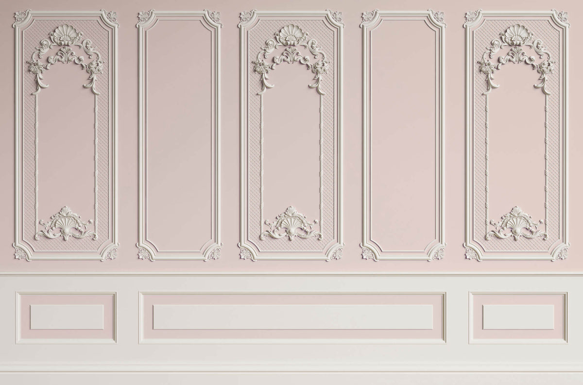 Tapet personalizat Architectural Walls cu rame decorative albe pe un perete roz - LIGHT PINK BOISERIE