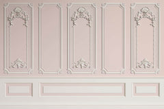 Tapet personalizat Architectural Walls cu rame decorative albe pe un perete roz - LIGHT PINK BOISERIE