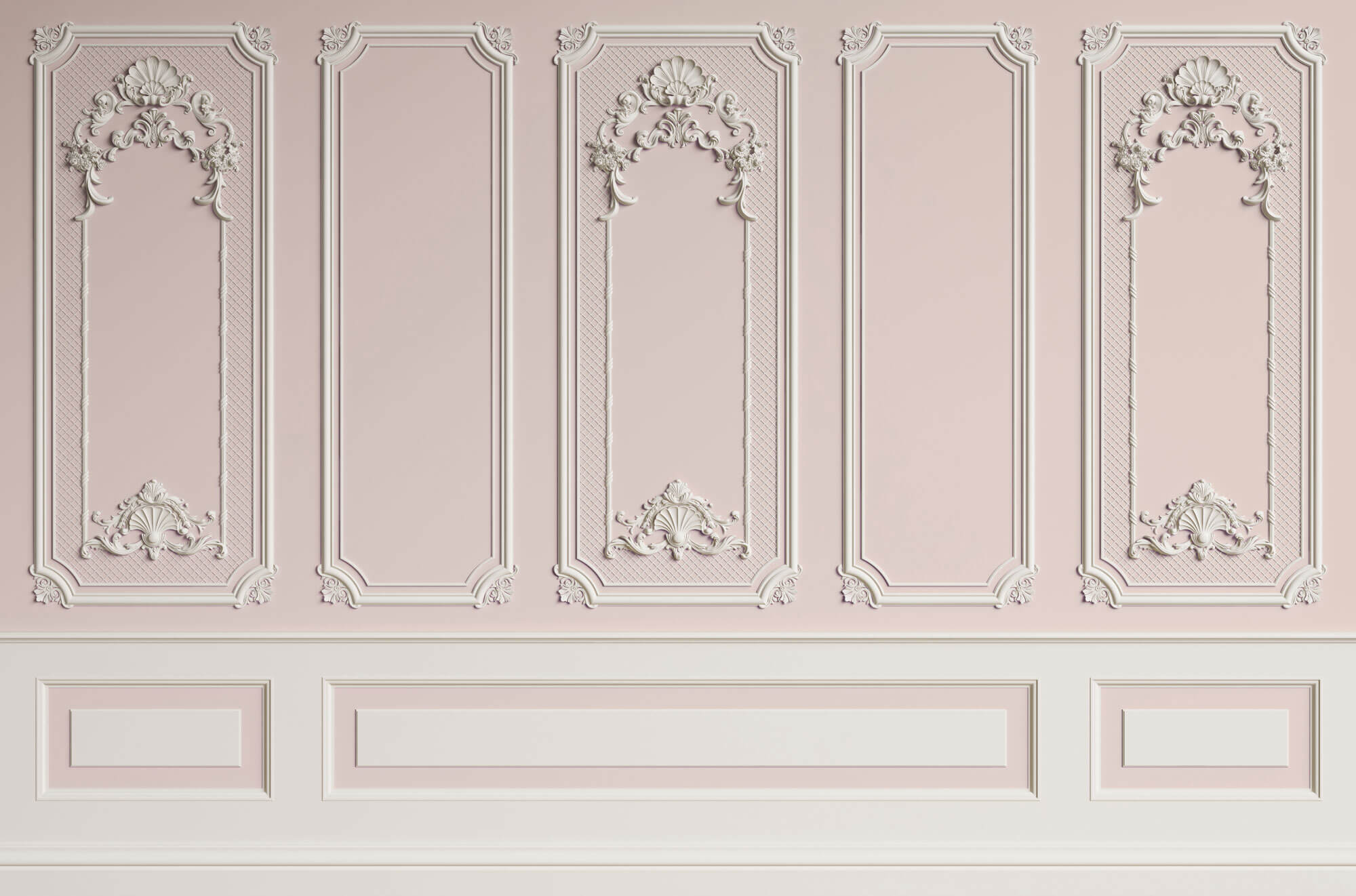Tapet personalizat Architectural Walls cu rame decorative albe pe un perete roz - LIGHT PINK BOISERIE