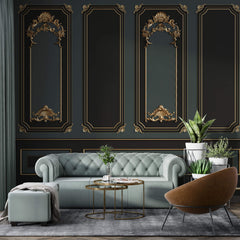 Tapet personalizat Architectural Walls cu rame decorative aurii si pereti in nuante de negru si verde in stil baroc - BAROQUE NOIR