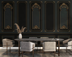 Tapet personalizat Architectural Walls cu rame decorative aurii si pereti in nuante de negru si verde in stil baroc - BAROQUE NOIR