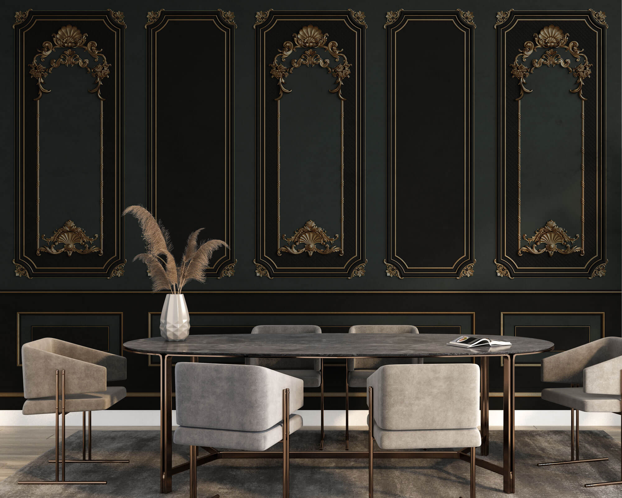 Tapet personalizat Architectural Walls cu rame decorative aurii si pereti in nuante de negru si verde in stil baroc - BAROQUE NOIR