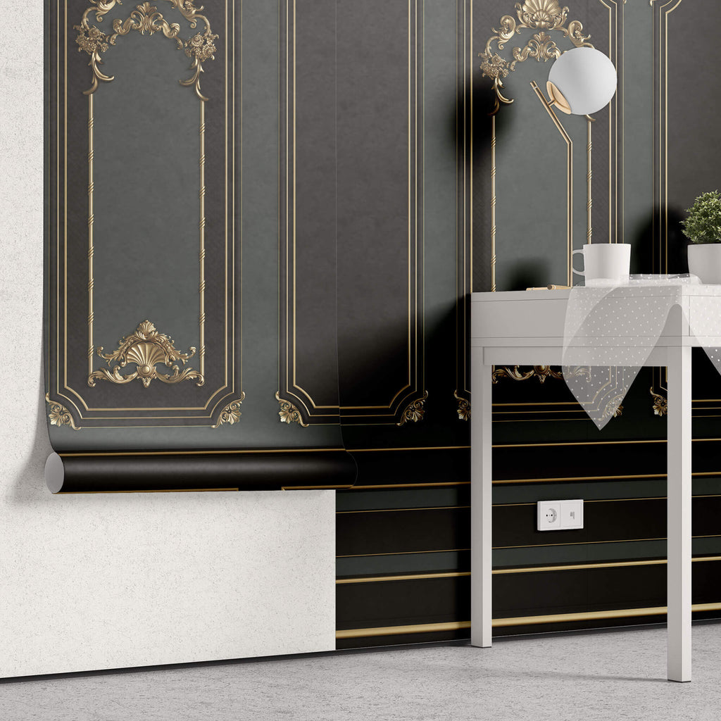 Tapet personalizat Architectural Walls cu rame decorative aurii si pereti in nuante de negru si verde in stil baroc - BAROQUE NOIR