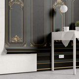 Tapet personalizat Architectural Walls cu rame decorative aurii si pereti in nuante de negru si verde in stil baroc - BAROQUE NOIR
