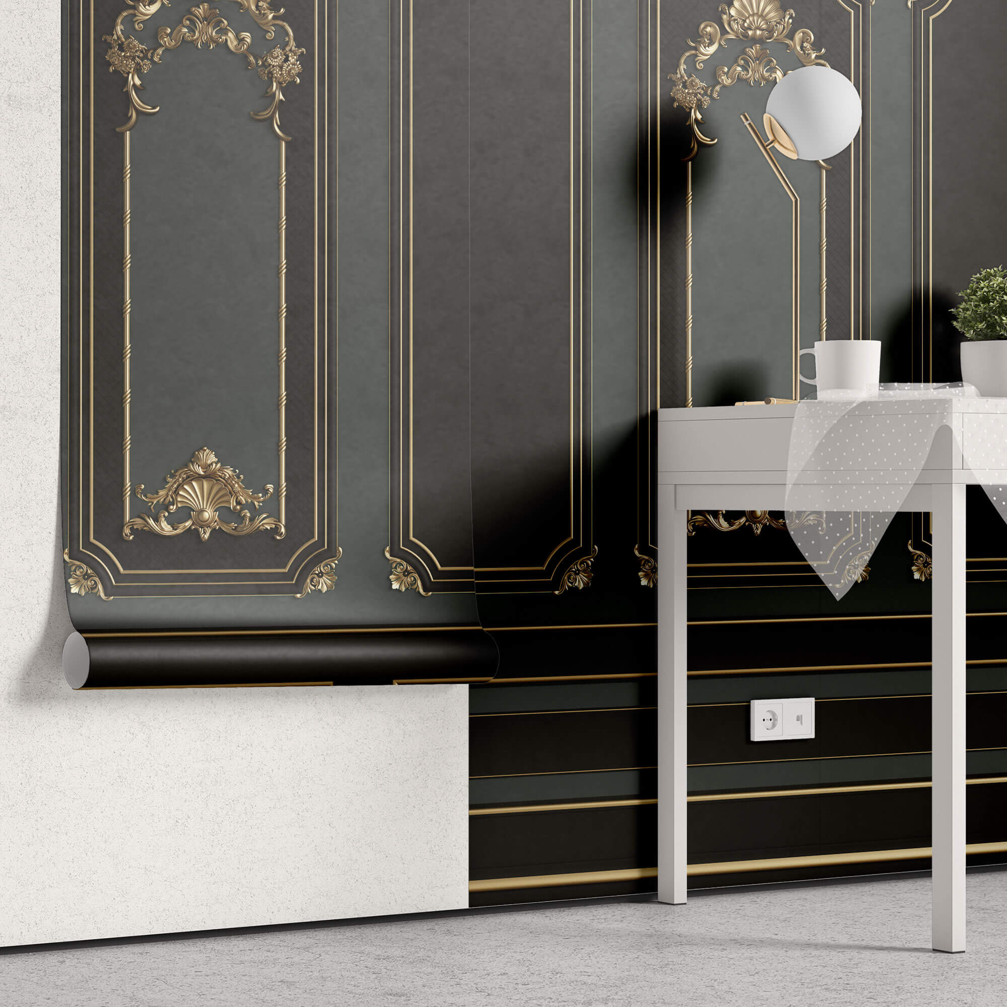 Tapet personalizat Architectural Walls cu rame decorative aurii si pereti in nuante de negru si verde in stil baroc - BAROQUE NOIR