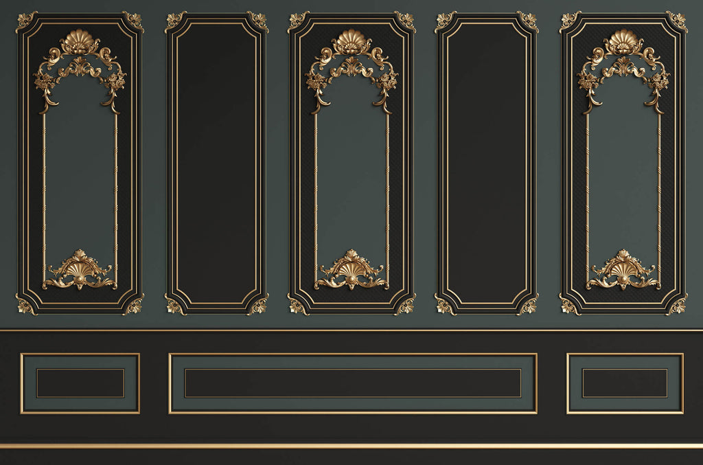 Tapet personalizat Architectural Walls cu rame decorative aurii si pereti in nuante de negru si verde in stil baroc - BAROQUE NOIR
