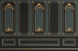 Tapet personalizat Architectural Walls cu rame decorative aurii si pereti in nuante de negru si verde in stil baroc - BAROQUE NOIR