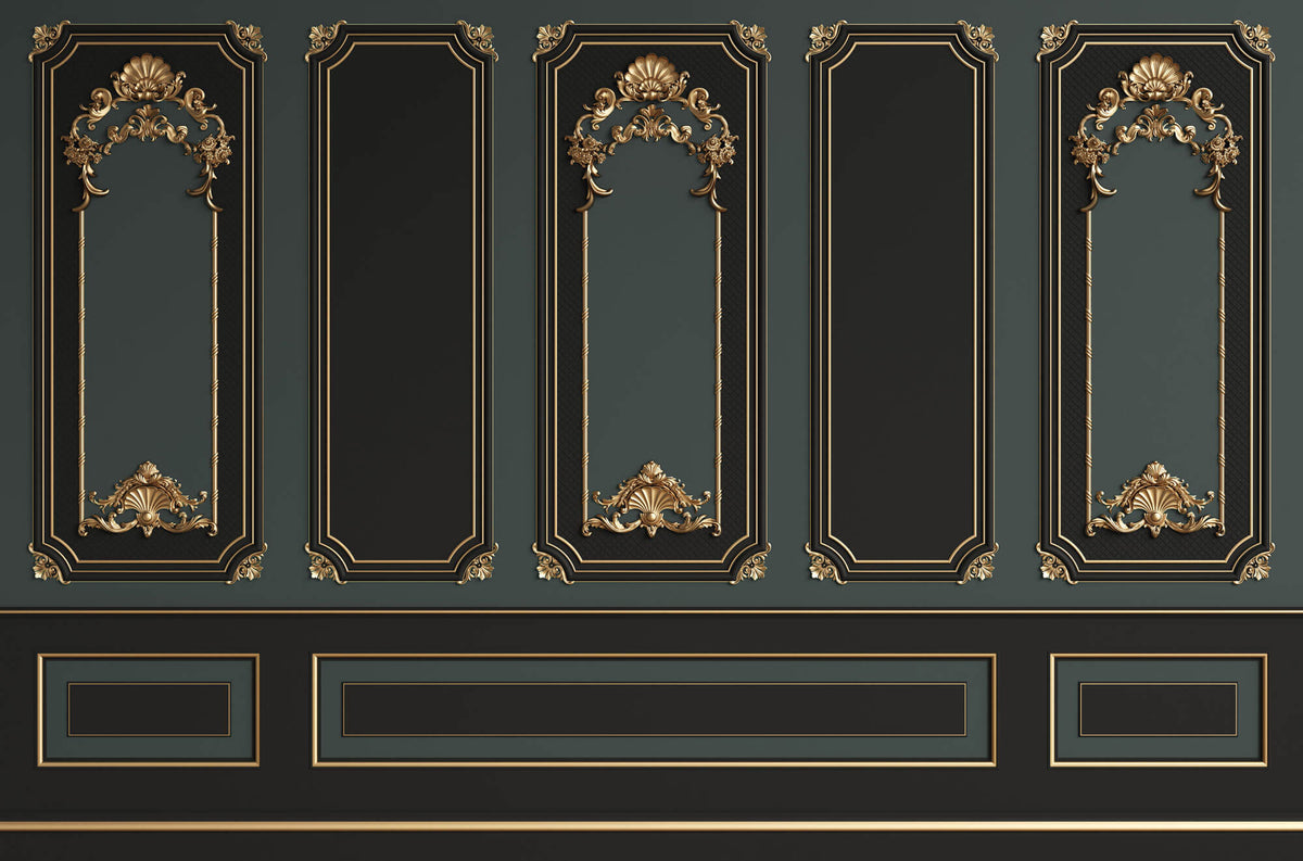 Tapet personalizat Architectural Walls cu rame decorative aurii si pereti in nuante de negru si verde in stil baroc - BAROQUE NOIR