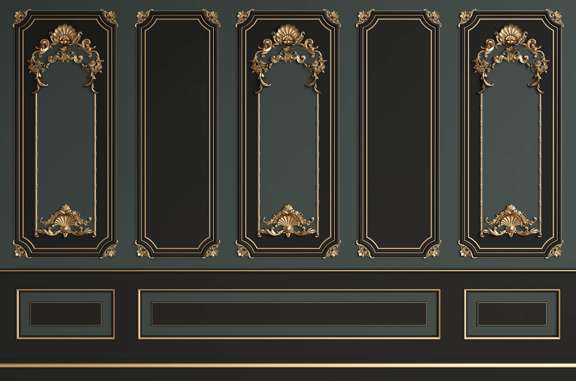 Tapet personalizat Architectural Walls cu rame decorative aurii si pereti in nuante de negru si verde in stil baroc - BAROQUE NOIR