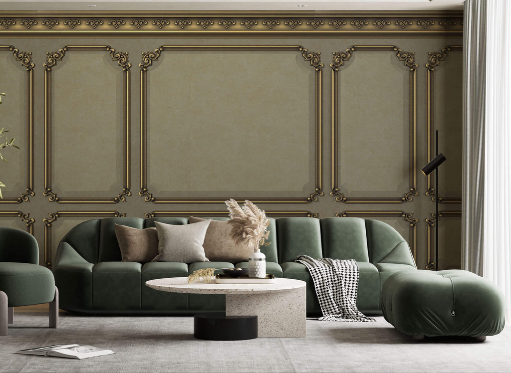 Tapet personalizat Architectural Walls cu rame decorative aurii si pereti vintage in nuante de vernil - VINTAGE ROYAL WAINSCOT