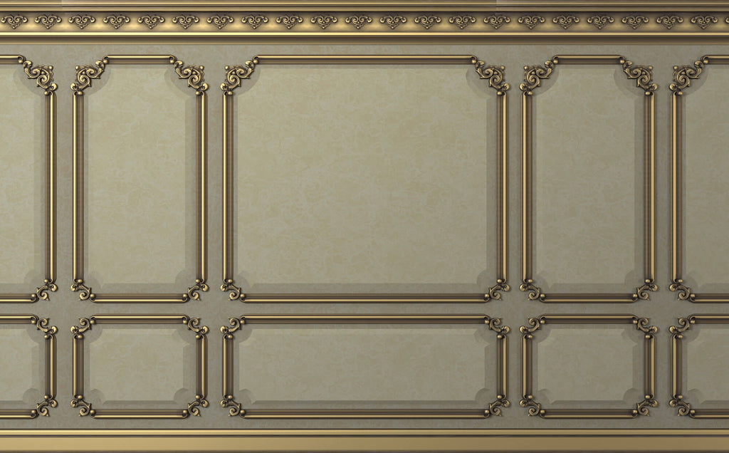 Tapet personalizat Architectural Walls cu rame decorative aurii si pereti vintage in nuante de vernil - VINTAGE ROYAL WAINSCOT