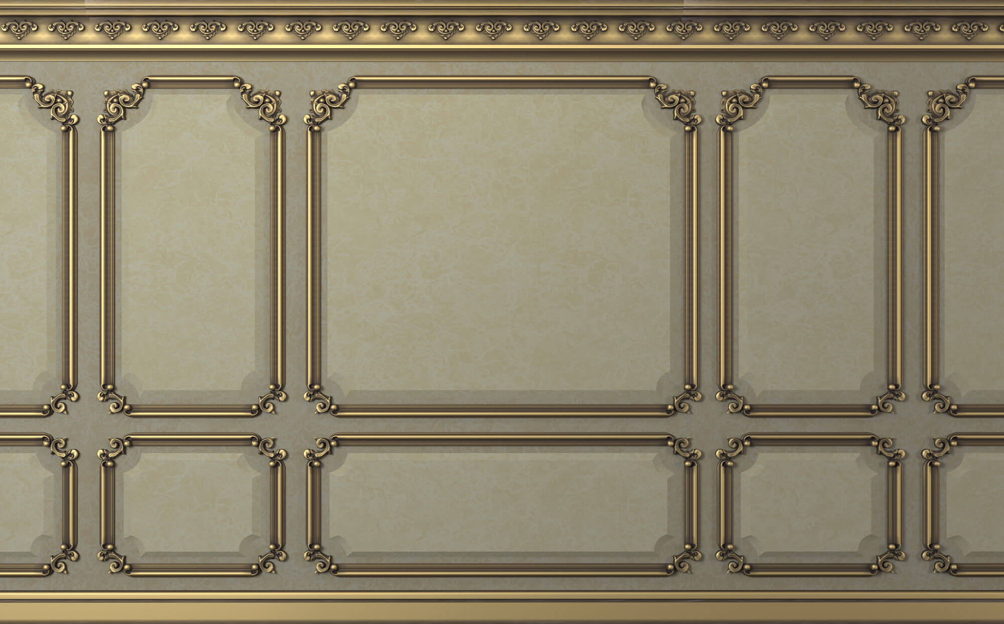 Tapet personalizat Architectural Walls cu rame decorative aurii si pereti vintage in nuante de vernil - VINTAGE ROYAL WAINSCOT