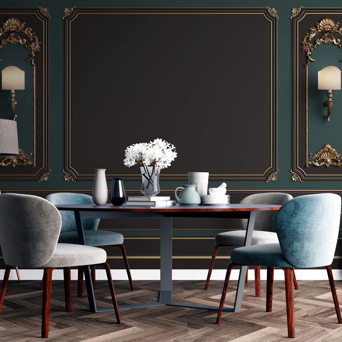 Tapet personalizat Architectural Walls cu rame decorative aurii si pereti in nuante de verde si negru si lampi decorative - LAMP WAINSCOT