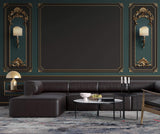 Tapet personalizat Architectural Walls cu rame decorative aurii si pereti in nuante de verde si negru si lampi decorative - LAMP WAINSCOT