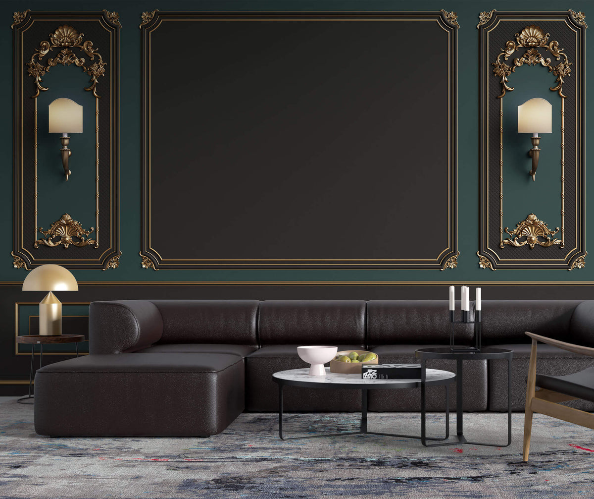 Tapet personalizat Architectural Walls cu rame decorative aurii si pereti in nuante de verde si negru si lampi decorative - LAMP WAINSCOT