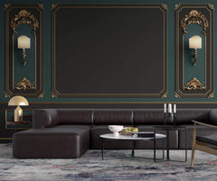 Tapet personalizat Architectural Walls cu rame decorative aurii si pereti in nuante de verde si negru si lampi decorative - LAMP WAINSCOT