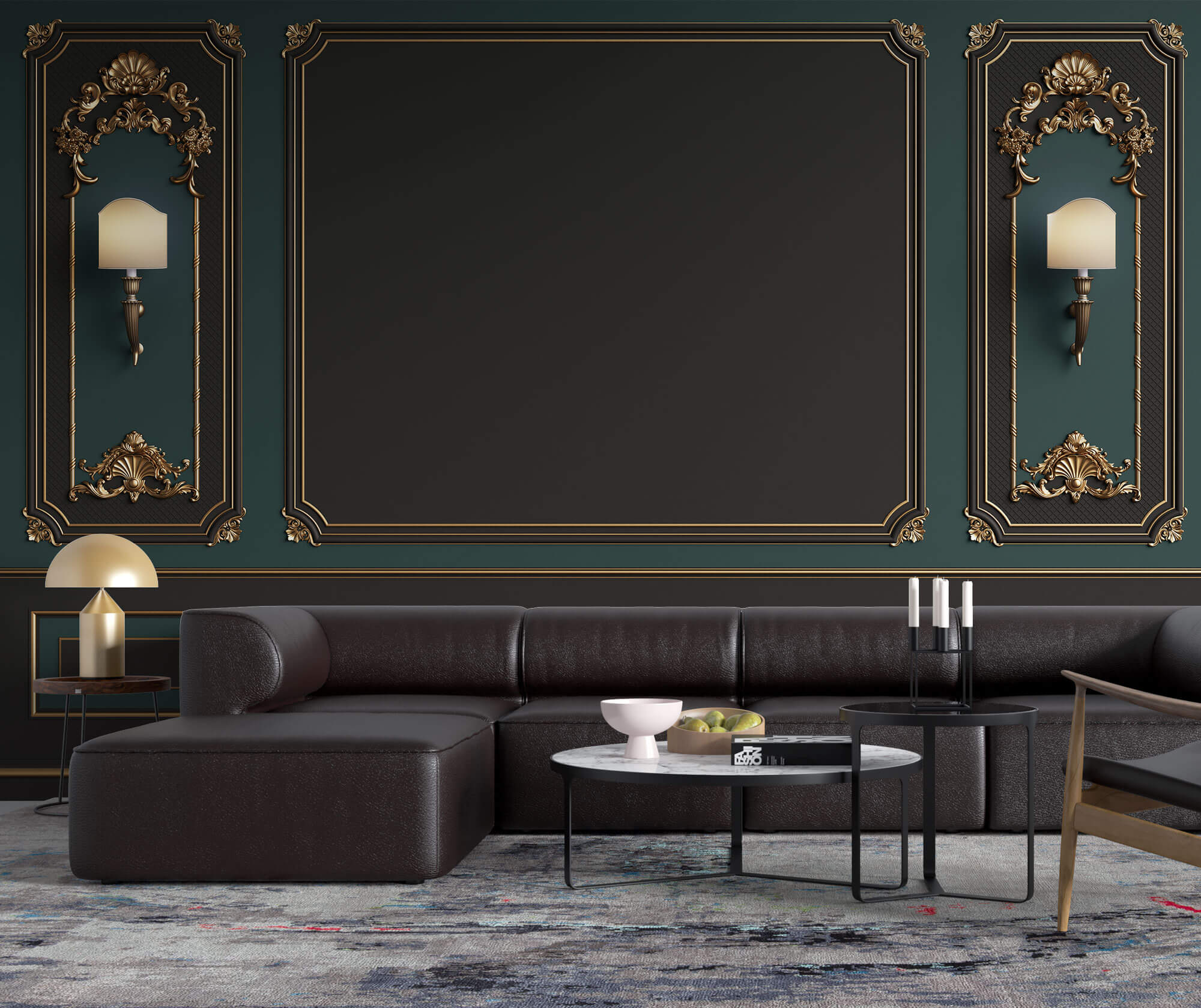 Tapet personalizat Architectural Walls cu rame decorative aurii si pereti in nuante de verde si negru si lampi decorative - LAMP WAINSCOT