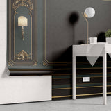 Tapet personalizat Architectural Walls cu rame decorative aurii si pereti in nuante de verde si negru si lampi decorative - LAMP WAINSCOT