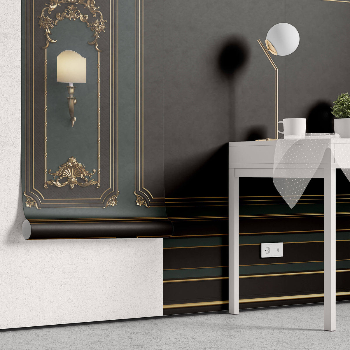 Tapet personalizat Architectural Walls cu rame decorative aurii si pereti in nuante de verde si negru si lampi decorative - LAMP WAINSCOT