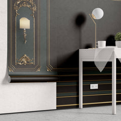 Tapet personalizat Architectural Walls cu rame decorative aurii si pereti in nuante de verde si negru si lampi decorative - LAMP WAINSCOT