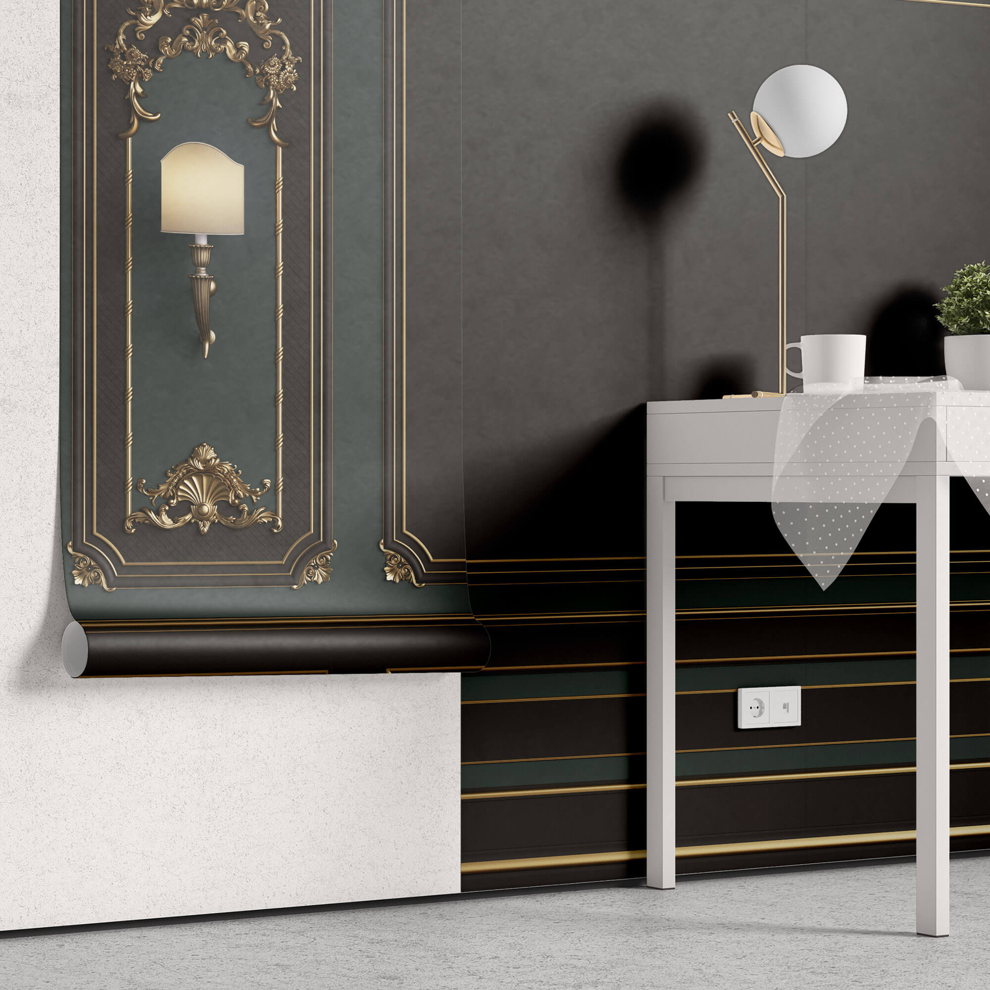 Tapet personalizat Architectural Walls cu rame decorative aurii si pereti in nuante de verde si negru si lampi decorative - LAMP WAINSCOT
