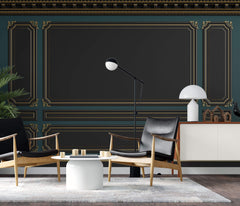 Tapet personalizat Architectural Walls cu ancadramente aurii si pereti in nuante de negru si verde - POOL TABLE
