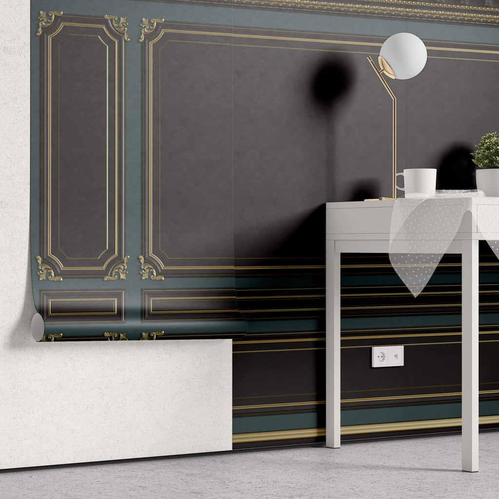 Tapet personalizat Architectural Walls cu ancadramente aurii si pereti in nuante de negru si verde - POOL TABLE