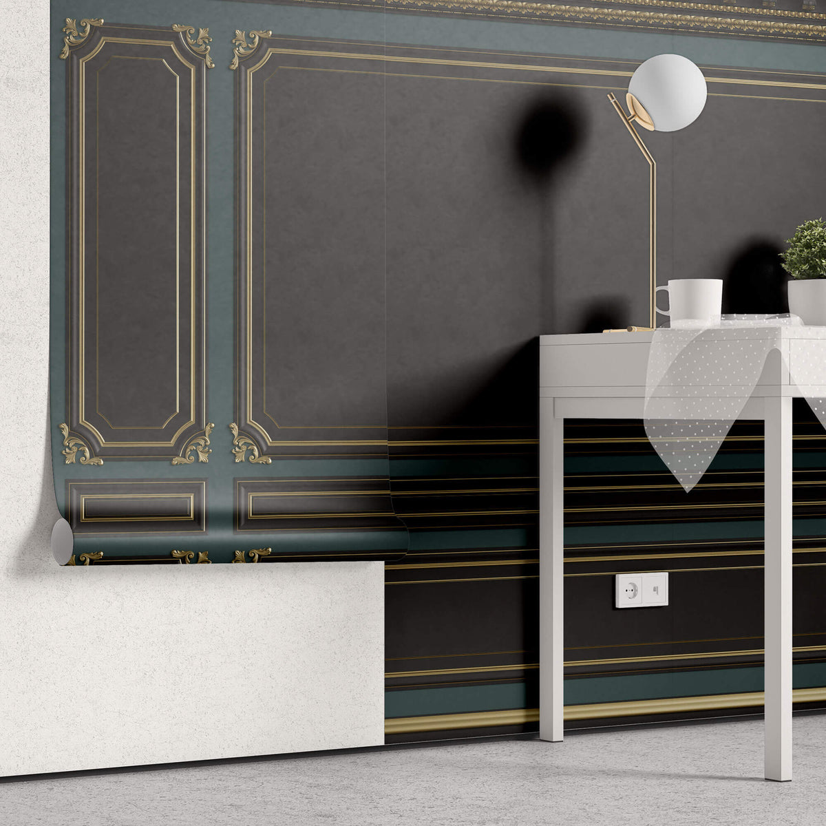 Tapet personalizat Architectural Walls cu ancadramente aurii si pereti in nuante de negru si verde - POOL TABLE