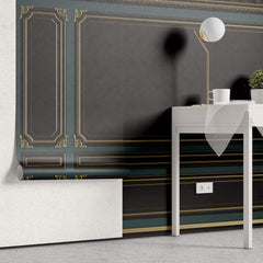 Tapet personalizat Architectural Walls cu ancadramente aurii si pereti in nuante de negru si verde - POOL TABLE