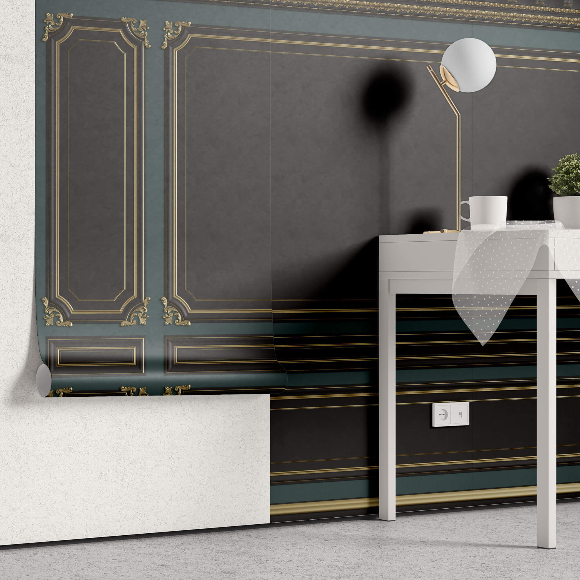 Tapet personalizat Architectural Walls cu ancadramente aurii si pereti in nuante de negru si verde - POOL TABLE