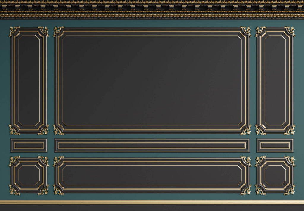 Tapet personalizat Architectural Walls cu ancadramente aurii si pereti in nuante de negru si verde - POOL TABLE