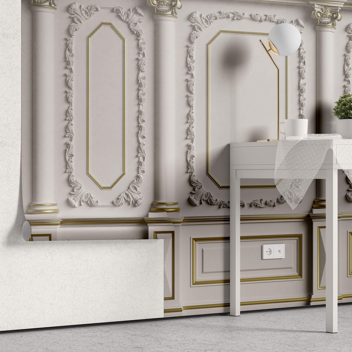 Tapet personalizat Architectural Walls cu elemente decorative aurii si coloane - ELEGANT BOISERIE