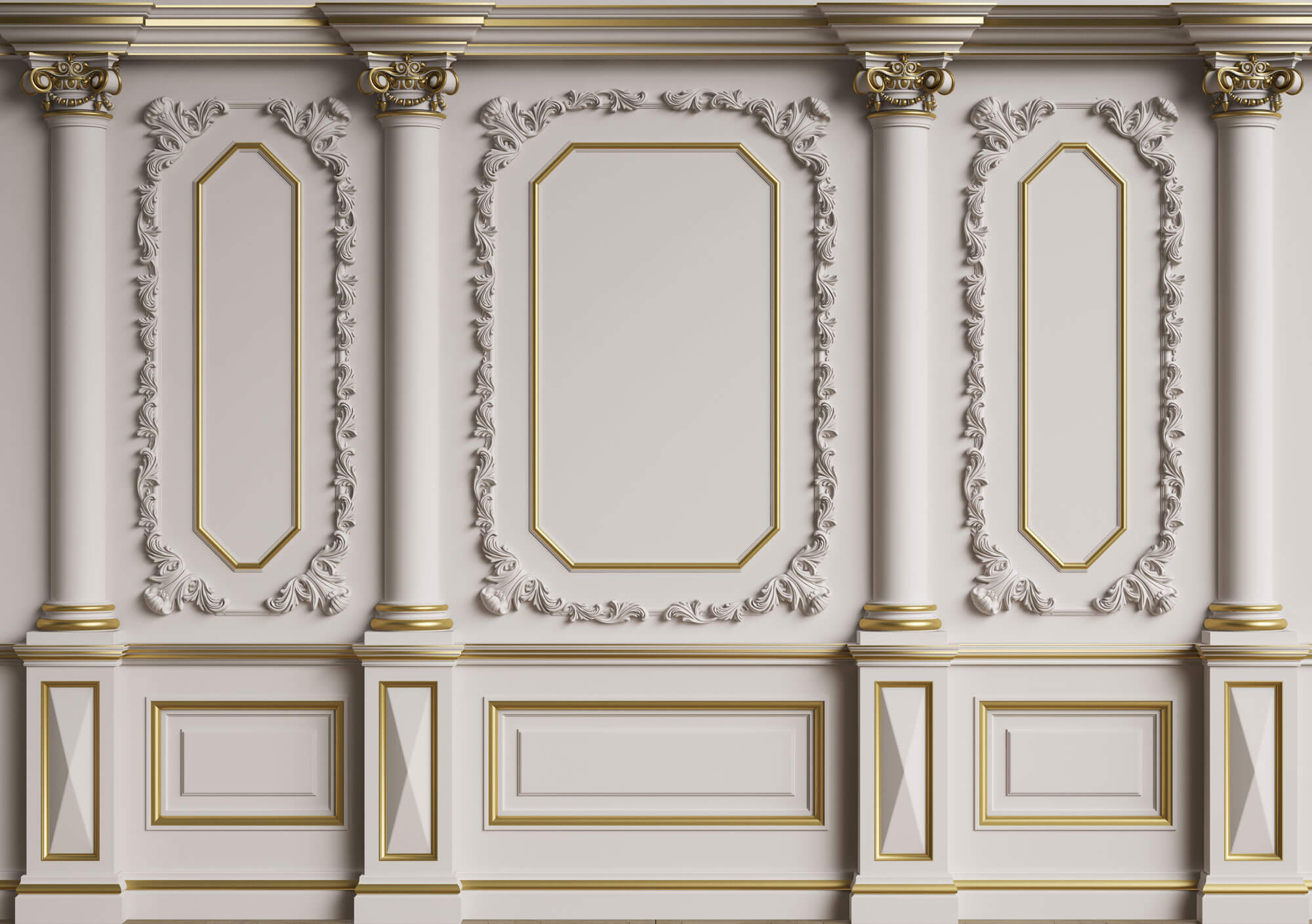 Tapet personalizat Architectural Walls cu elemente decorative aurii si coloane - ELEGANT BOISERIE