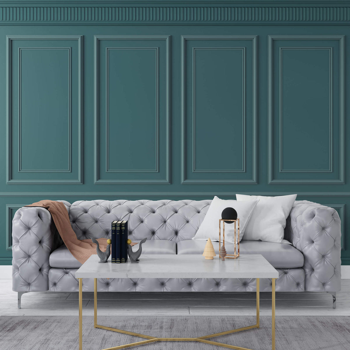 Tapet personalizat Architectural Walls cu panouri decorative in nuante turcoaz - TURQUOISE WAINSCOT