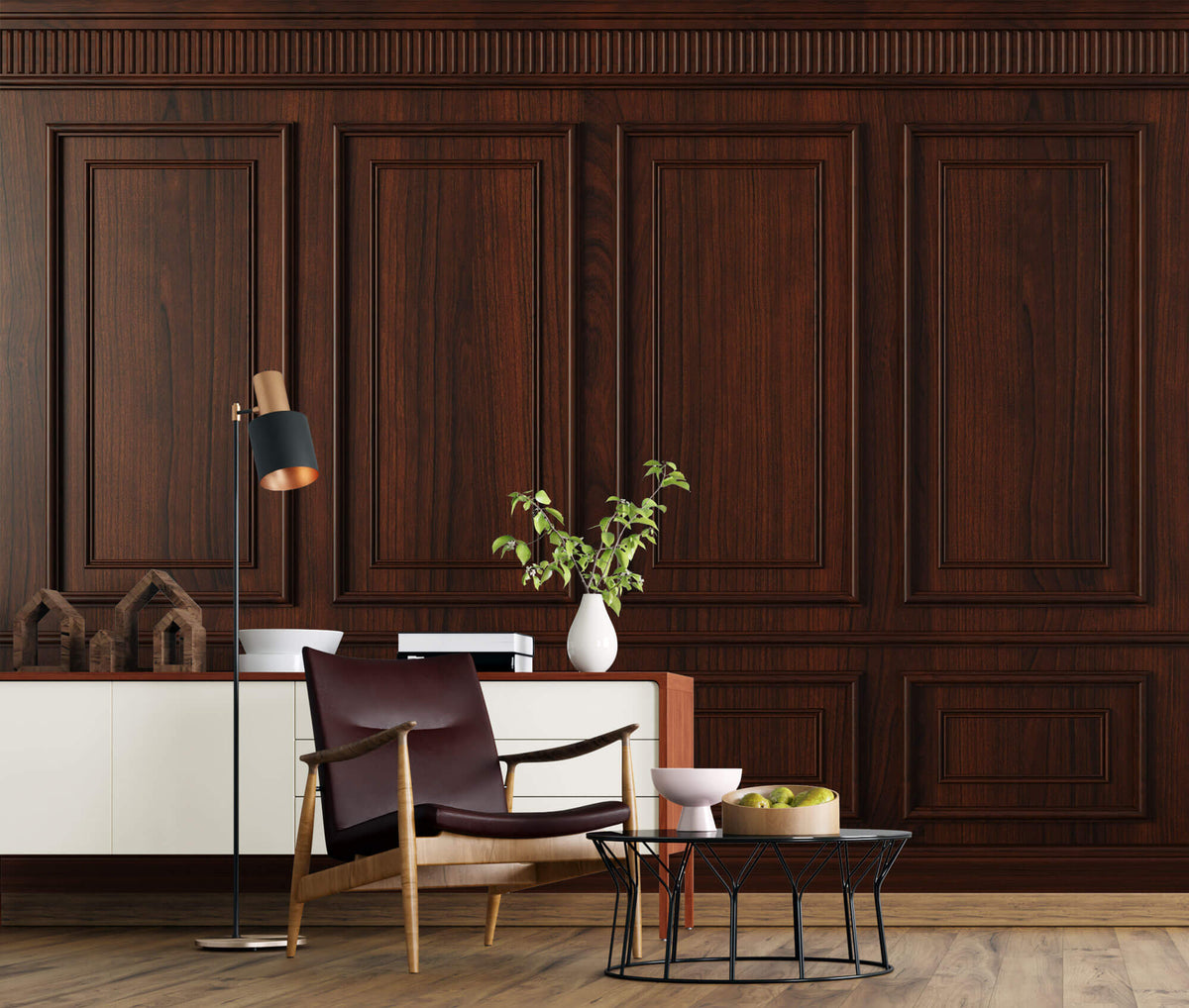 Tapet personalizat Architectural Walls cu panouri decorative din lemn de nuc rosiatic - RED WOOD WAINSCOT