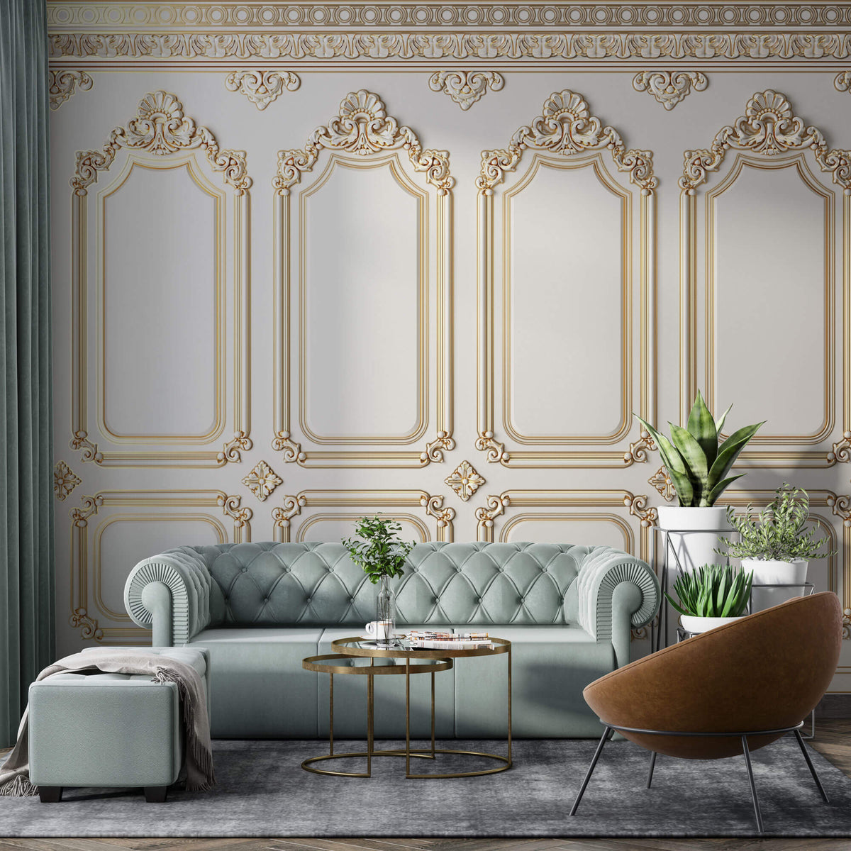 Tapet personalizat Architectural Walls cu rame decorative aurii in stil baroc elegant - QUEEN ELIZABETH