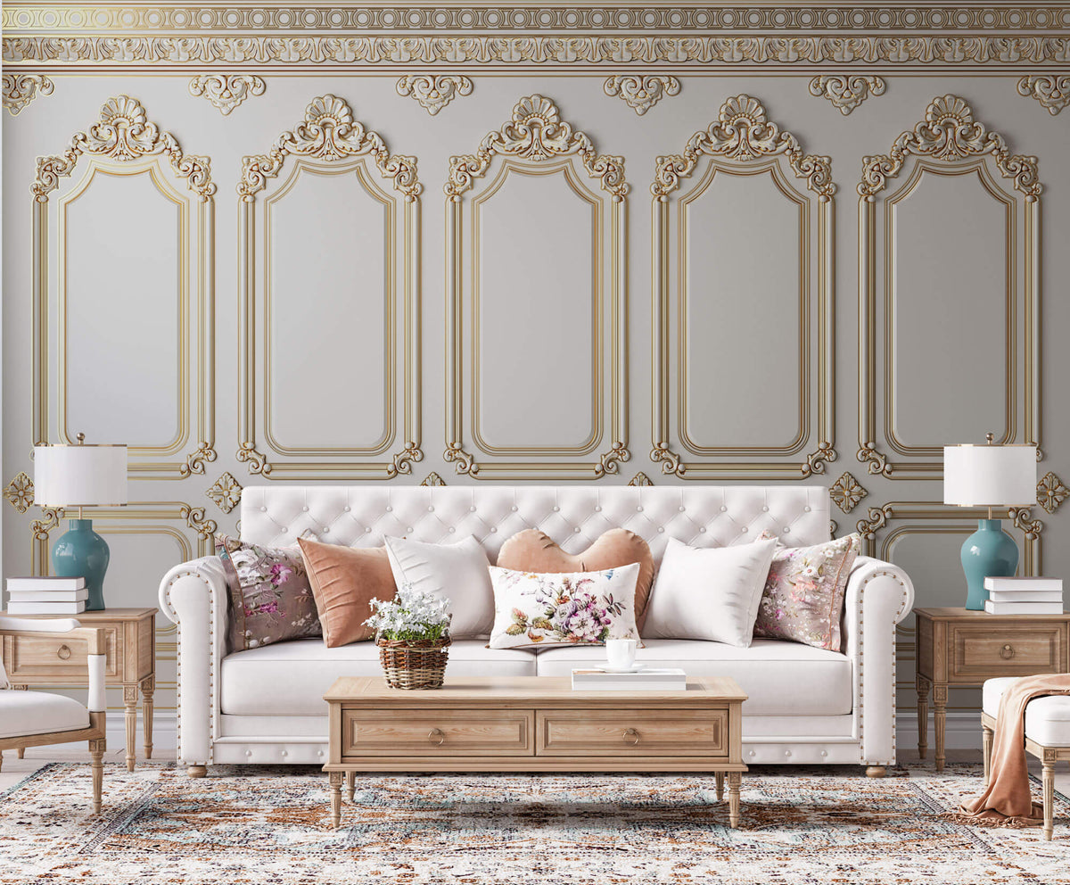 Tapet personalizat Architectural Walls cu rame decorative aurii in stil baroc elegant - QUEEN ELIZABETH